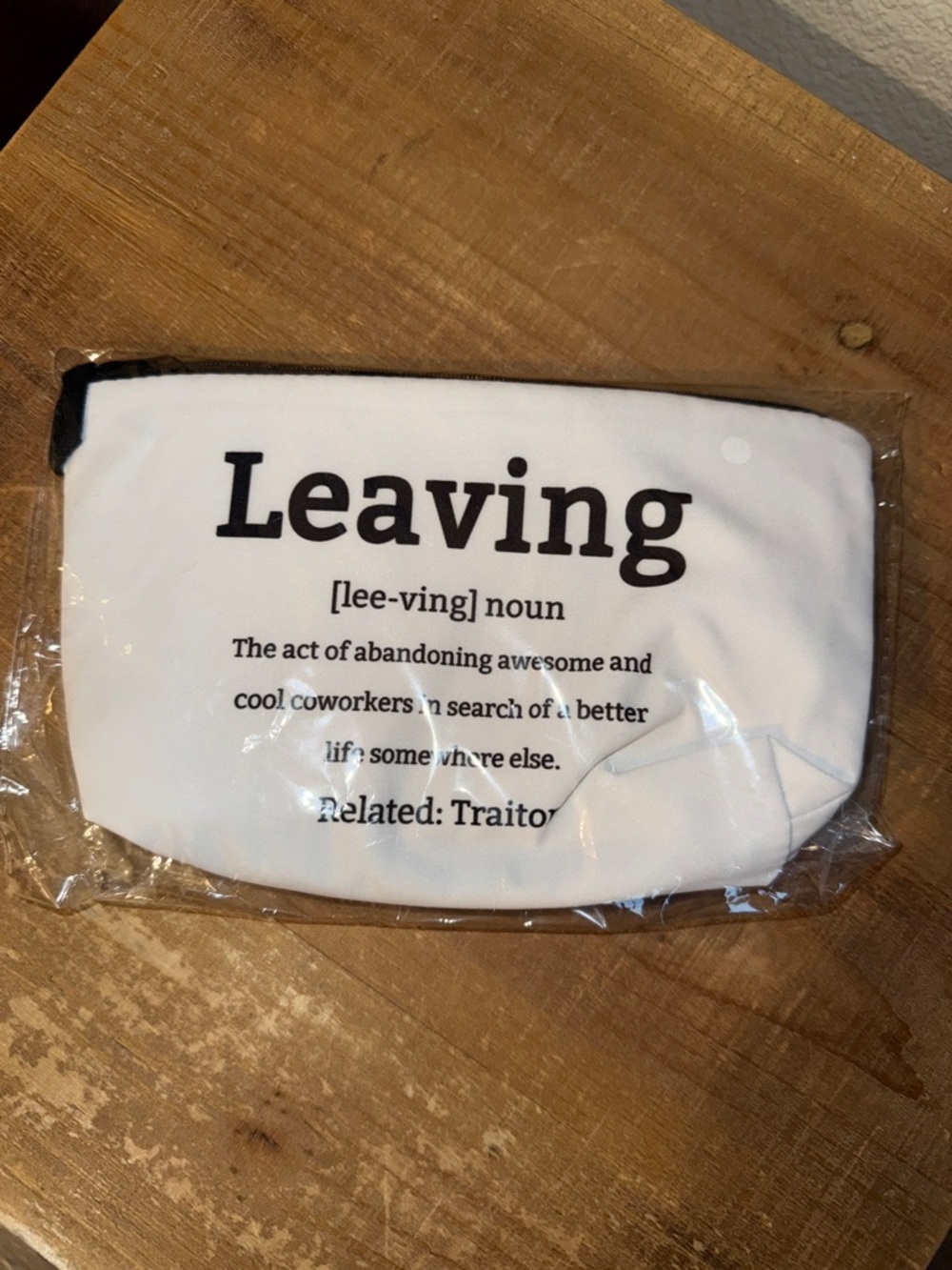 White 'Leaving' Novelty Pouch - Text Print